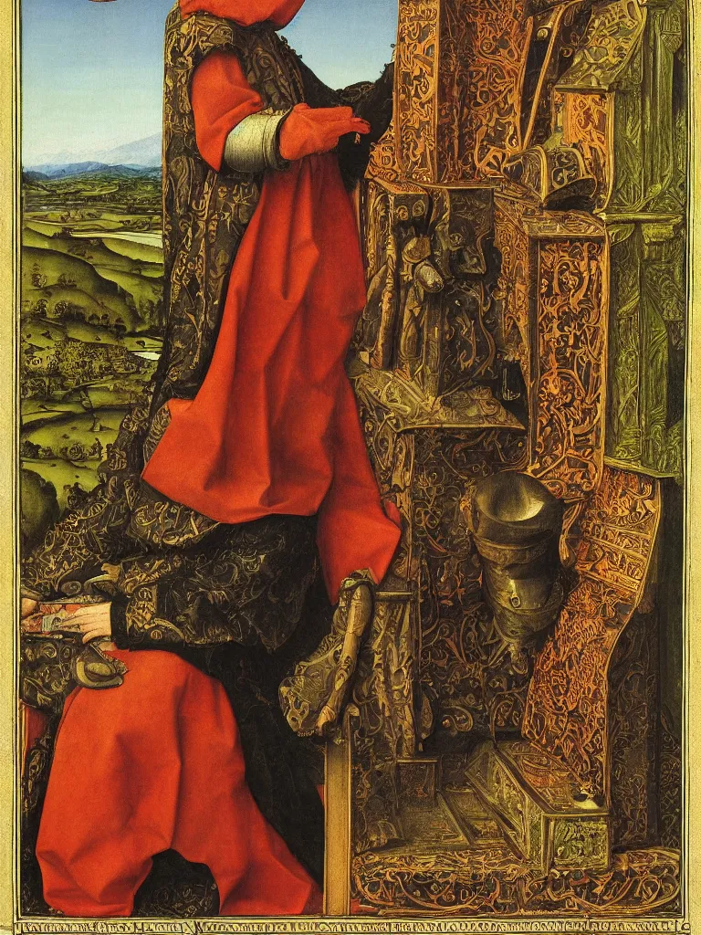 Prompt: painting of the king of pentacles tarot card, by holbein, jan van eyck, medieval art, middle ages style, tarot card