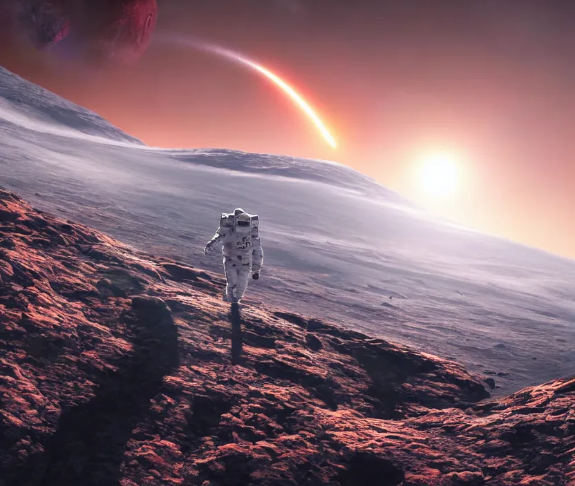 Prompt: a astronaut walking on a mountainous alien planet with a giant red planet with rings appearing in the sky at night, digital art, concept art, trending on DeviantArt, highly detailed, high quality, 8K, cinematic lighting
