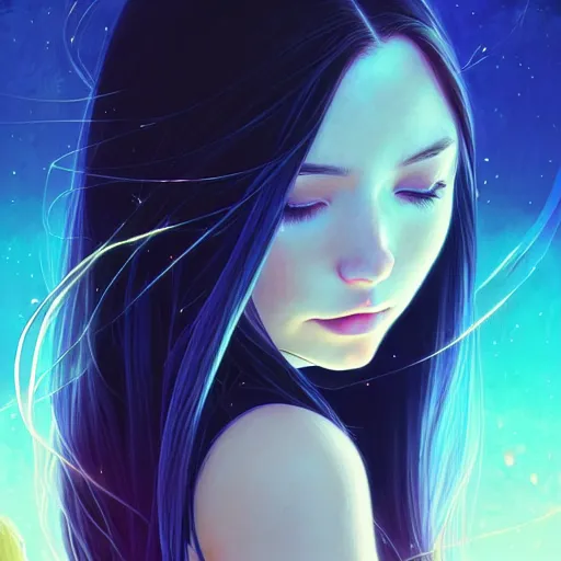 Image similar to a beautiful girl with long dark hair, going through a portal between worlds, intricate, highly detailed, digital painting, artstation, official media, anime key visual, concept art, rich vivid colors, ambient lighting, sharp focus, illustration, art by Artgerm, Makoto Shinkai, Ilya Kuvshinov, Lois Van Baarle, and Rossdraws