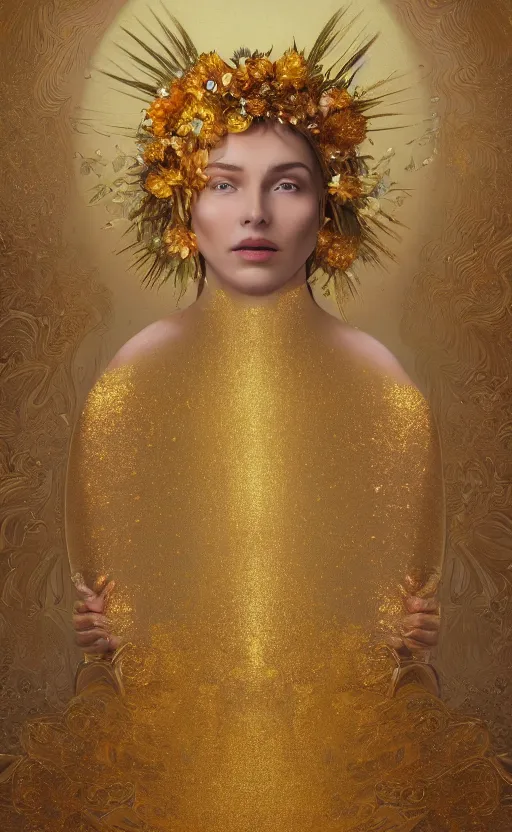 Prompt: a gold mucha oil painting hyperrealism of a beautiful woman on a white background, flowers, in a gold robe, floral headdress, 8 k resolution, octane render, trending on artstation, by gediminas pranckevicius, volumetric light 2 blue fractal thunder glow by dan mumford, anaglyph effect, laurie lipton