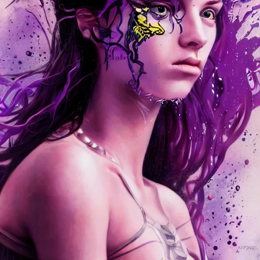 Image similar to detailed art portrait of a furious teen girl with thin, hair-like purple tentacles on her head and bright purple eyes, 8k,by tristan eaton, Stanley Artgermm,Tom Bagshaw,Greg Rutkowski,Carne Griffiths,trending on DeviantArt, face enhance,hyper detailed ,full of colour, dramatic light