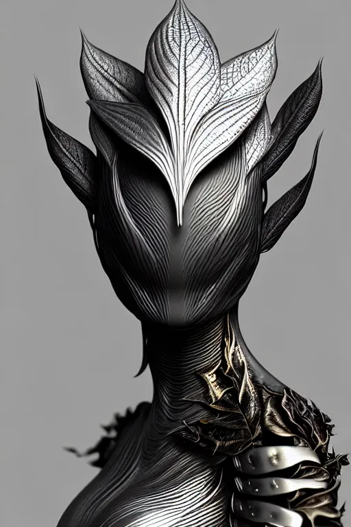 Image similar to bw close - up profile face, black background, beautiful young porcelain vegetal - dragon - cyborg - female, 1 5 0 mm, beautiful natural soft rim light, silver gold details, magnolia leaves and stems, roots, mandelbot fractal, elegant, ultra detailed, white metallic armour, octane render, h. r. giger style