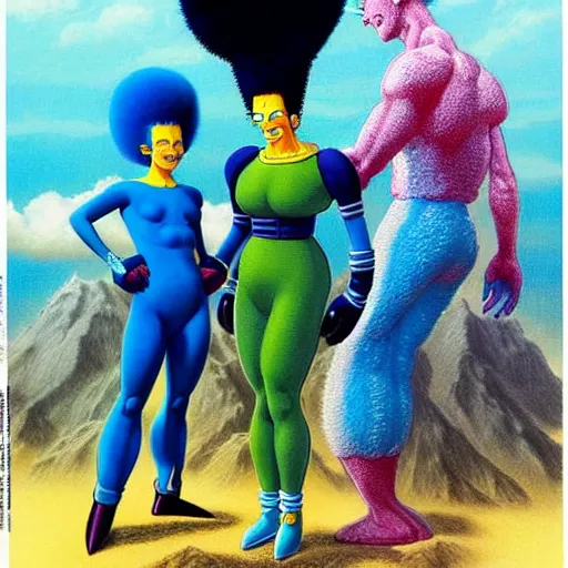 Image similar to marge simpson and her new family from dragon ball z drawn by zdislaw beksinski and hajime sorayama, hyperrealistic