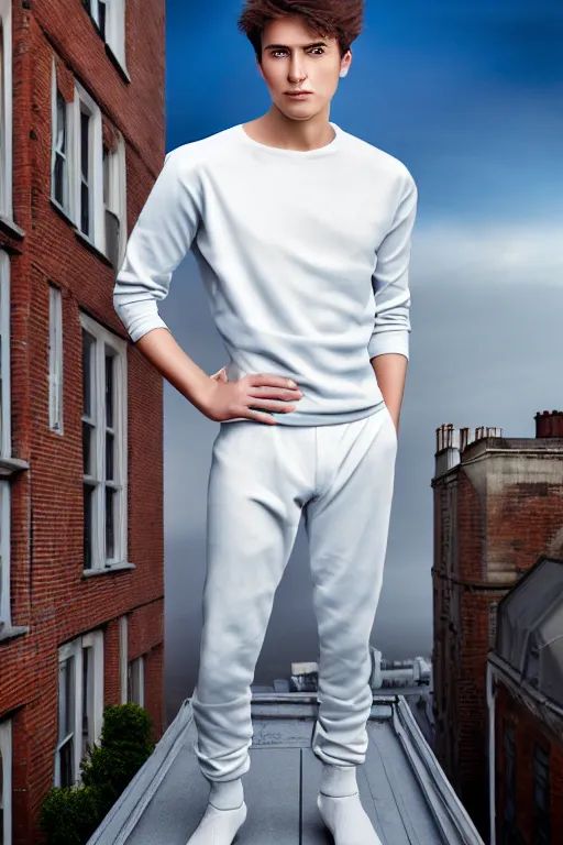 Image similar to un ultra high definition studio quality photographic art portrait of a young man standing on the rooftop of a british apartment building wearing soft padded silver pearlescent clothing. three point light. extremely detailed. golden ratio, ray tracing, volumetric light, shallow depth of field. set dressed.