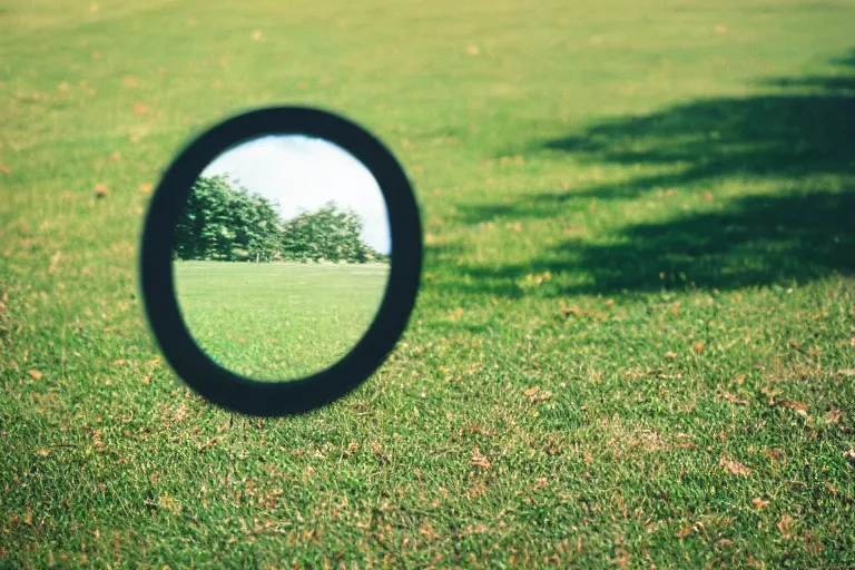 Image similar to film color photography, long view of square hand mirror lies at the green lawn, no focus, 35mm