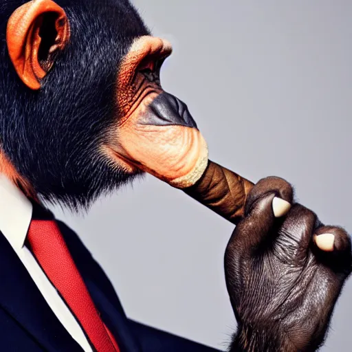 Image similar to a high detail closeup shot of a chimp wearing a suit, smoking a cigar