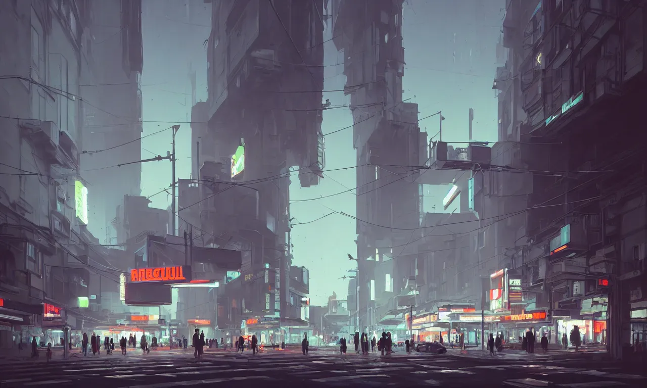 Image similar to photorealistic streetscape, simple brutalist architecture, white neon lights, neon signs, flying vehicles, pedestrians, greg rutkowski, syd mead, ralph mcquarrie, concept art, matte painting, finely detailed, minimal artifacts, rule of thirds, dynamic lighting, cinematic, denoised, centered, artstation