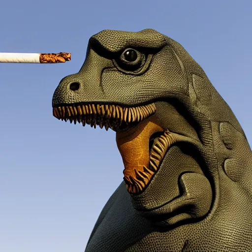 Image similar to dinosaur smoking a cigarette realistic 8 k hdr 3 5 mm