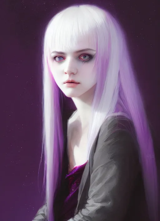 Image similar to hair whitebangs hair, white hair, whitebangsblackhair, portrait of teenage girl with white bangs, red irises, purple clothes, intricate, elegant, glowing lights, highly detailed, digital painting, artstation, concept art, sharp focus, illustration, art by wlop, mars ravelo and greg rutkowski