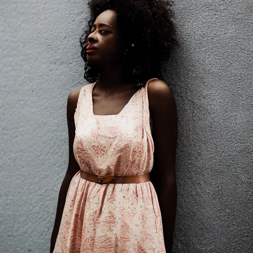 Image similar to portrait photograph of an elegant black woman wearing a sundress in Santa Monica. super resolution. 85 mm f1.8 lens.bokeh.graflex. Alessio albi