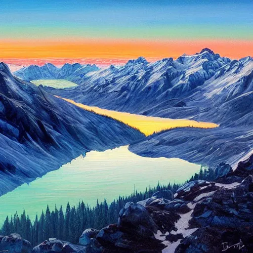 Prompt: a serene view from on-top of a mountain lined with a stunning forest, beautiful glaciers flowing into a shimmering blue lake below, blue sky with soft puffy clouds, Chinook sunset in background, 4k, highly detailed, oil painting