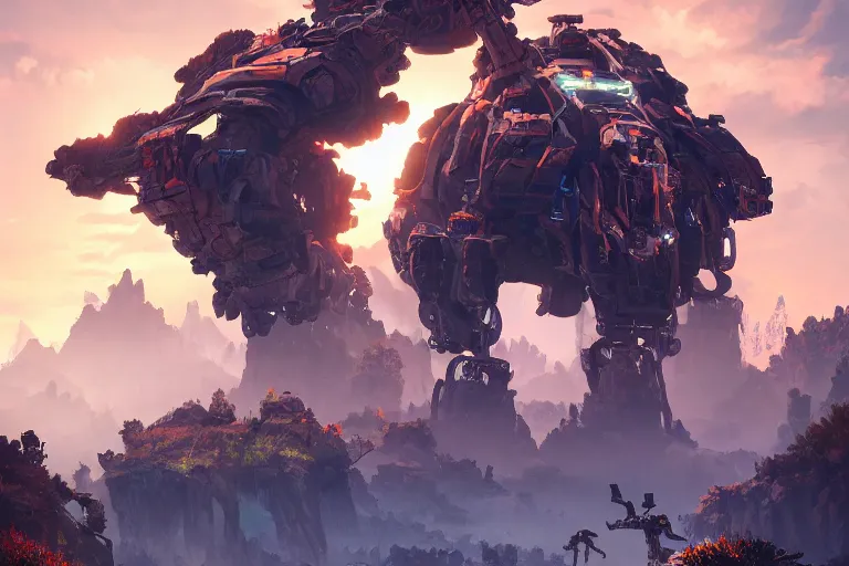 Image similar to rockbreaker machine mecanical creature robot of horizon forbidden west horizon zero dawn radiating a glowing aura global illumination ray tracing hdr fanart arstation by ian pesty and alena aenami artworks in 4 k