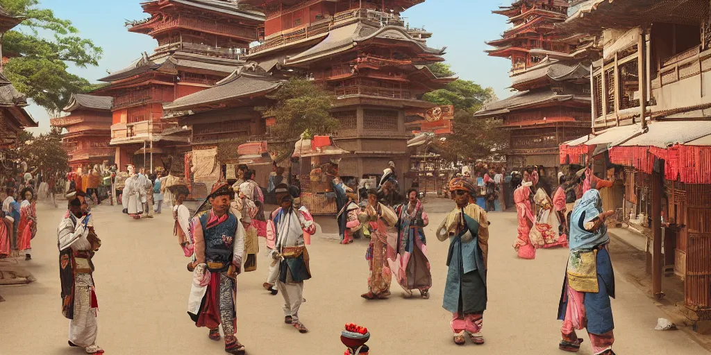 Prompt: india in the 1 8 0 0 s filled with japanese architecture, samurai's walking the streets, indians in traditional wear haggling with the street vendors, surreal, beautiful, hyper realistic, trending on artstation, 8 k, hd