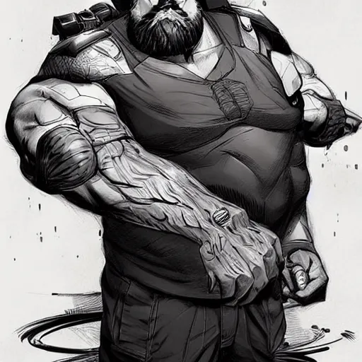 Prompt: large, stocky bearded man, sci fi, shadowrun, by artgerm, josan gonzales, artstation, concept art, sharp focus, graphic novel