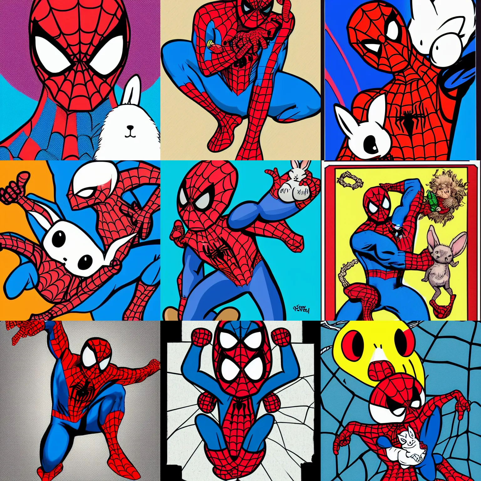 Prompt: spiderman holding a cute rabbit in a comic book style, bold lines, colorful