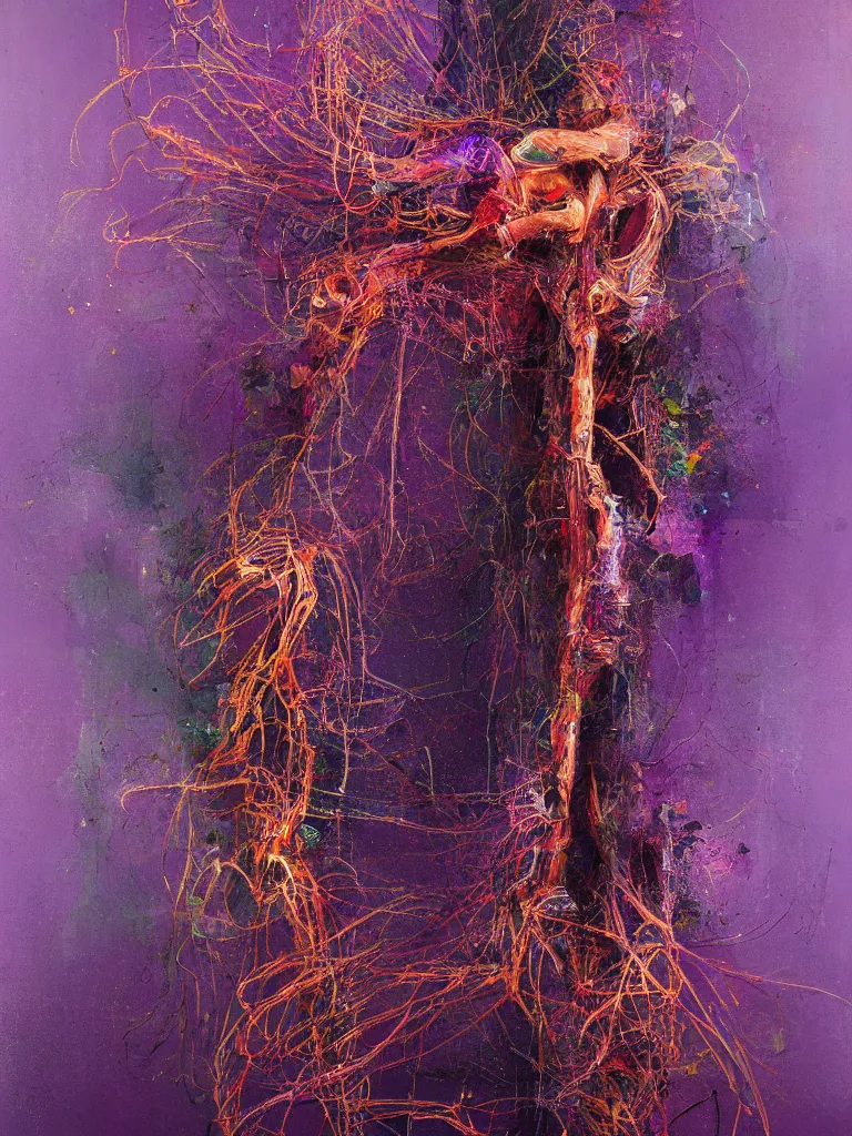 Image similar to a beautiful glitched abstract painting by dale witherow of a glitched human nervous system by robert proch, color bleeding, pixel sorting, copper oxide material, brushstrokes by jeremy mann, studio lighting, pastel purple background, square shapes