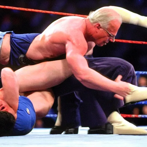 Prompt: joe biden getting body slammed at 1 9 9 9 wrestlemania