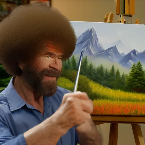 Image similar to a closeup photorealistic photograph of bob ross working on a canvas painting of superman. film still. brightly lit scene. mountains and trees. this 4 k hd image is trending on artstation, featured on behance, well - rendered, extra crisp, features intricate detail, epic composition and the style of unreal engine.