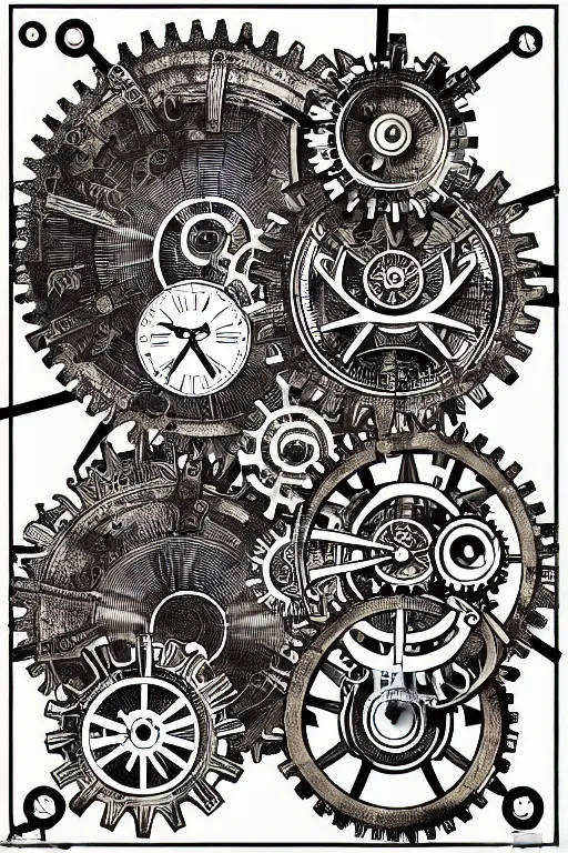 Prompt: steampunk gears, and eternal clock without numbers, dark and gothic, full frame,, art by james o barr and albrecht durer and piranesi, surreal woodblock print, black and white, vector, vector art