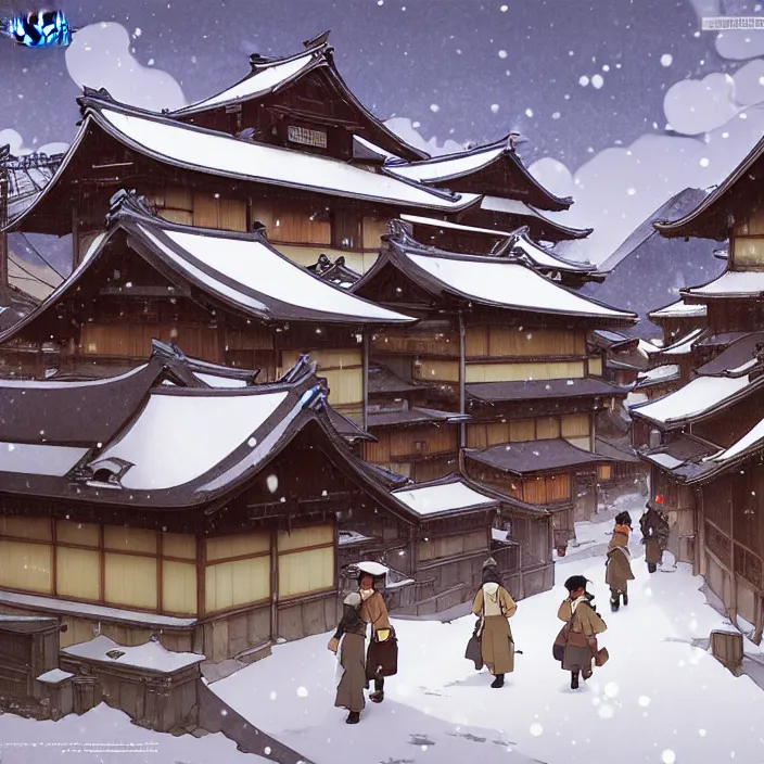 Image similar to japanese rural town, winter, in the style of studio ghibli, j. c. leyendecker, greg rutkowski, artem