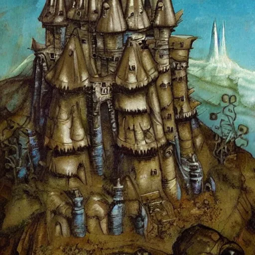 Image similar to a castle of iron stands on a hill in a beautiful forest, oil painting painted by Leonardo da Vinci, Warhammer 40k