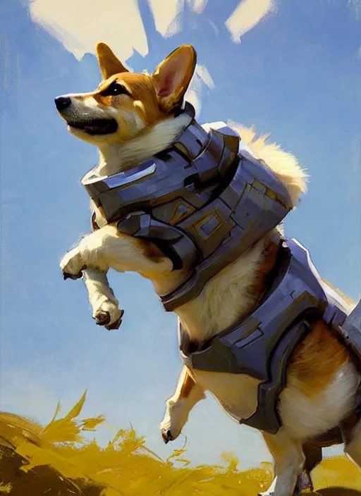 Prompt: Greg Manchess painting of a humanized Corgi wearing Forerunner Armor from Halo, countryside, calm, fantasy character portrait, dynamic pose, above view, sunny day, artwork by Jeremy Lipkin and Giuseppe Dangelico Pino and Michael Garmash and Rob Rey, very coherent asymmetrical artwork, sharp edges, perfect face, simple form, 100mm