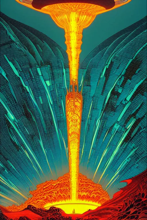 Image similar to artwork by kilian eng and toshi yoshida and franklin booth showing a futuristic powerstation!! in front of a ( ( exploding volcano ) ), vintage scifi, high details, dramatic lightning,, 8 k