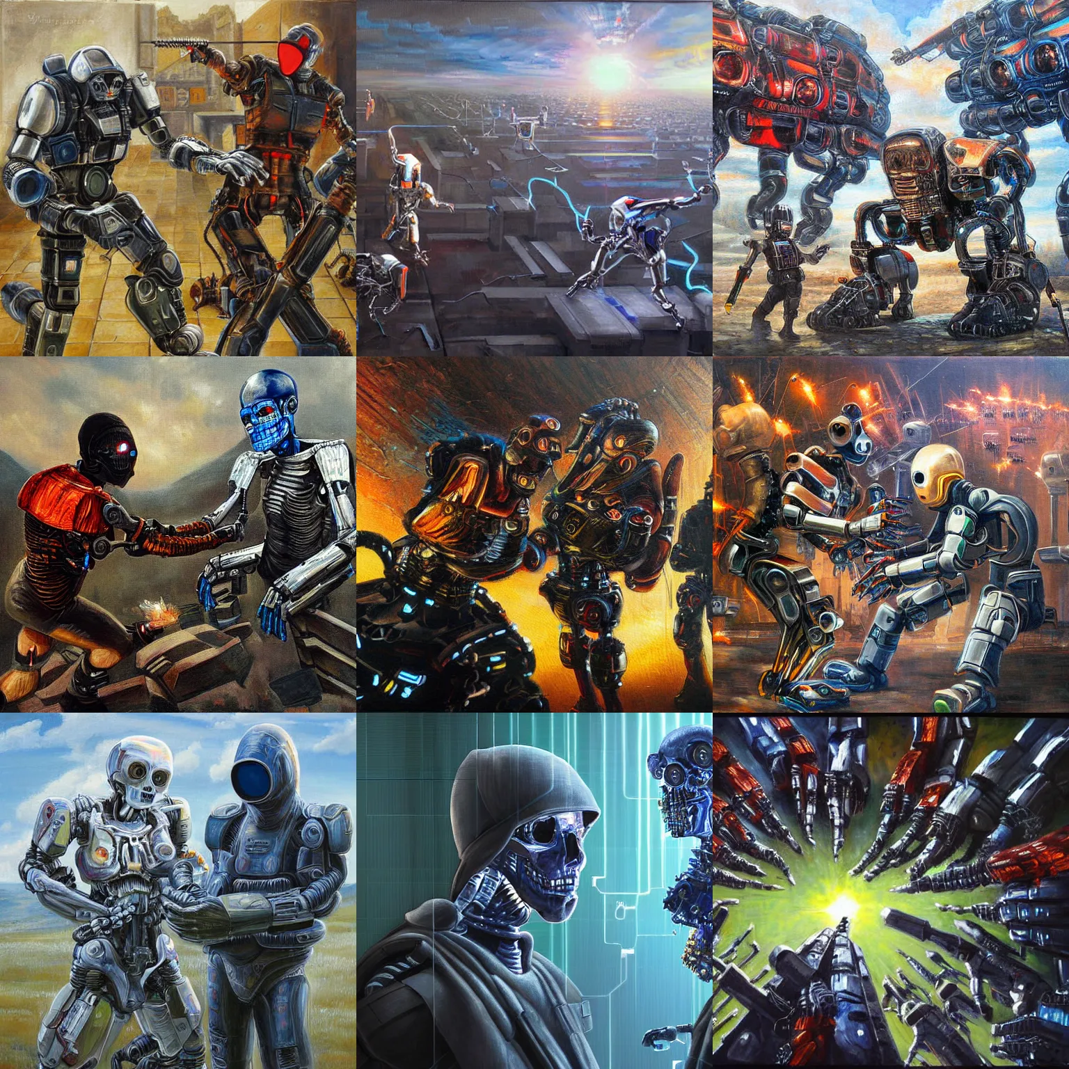 Prompt: hackers facing off against skynet, highly detailed painting