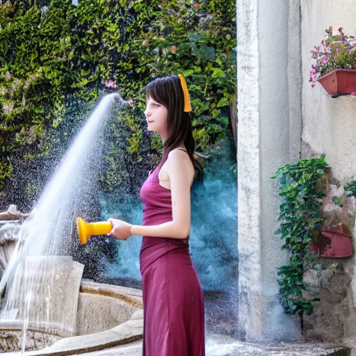 Prompt: anime girl in a greek attire pouring water out of a vase into a fountain, spanish alleyway