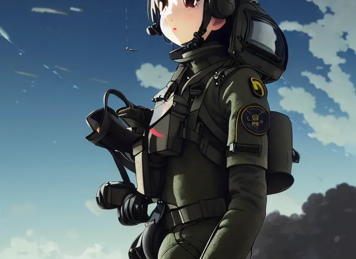 Image similar to portrait of pilot girl parachuting behind enemy lines, black sky background, chaotic landscape, illustration concept art anime key visual trending pixiv fanbox by wlop and greg rutkowski and makoto shinkai and studio ghibli and kyoto animation, kaki body suit, wires, odst, oxygen mask, military gear, grimdark, volumetric lighting