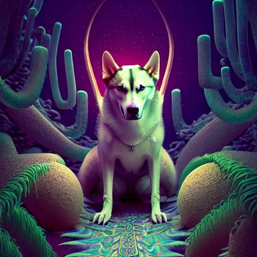 Image similar to alaskan husky creature creature in a desert lush oasis, warm tones, bioluminescent bioluminescent translucent translucent : : by guillermo del toro, daniel merriam, victo ngai and michal karcz : : ornate, dynamic, particulate, intricate, elegant, highly detailed, centered, artstation, smooth, sharp focus, octane render