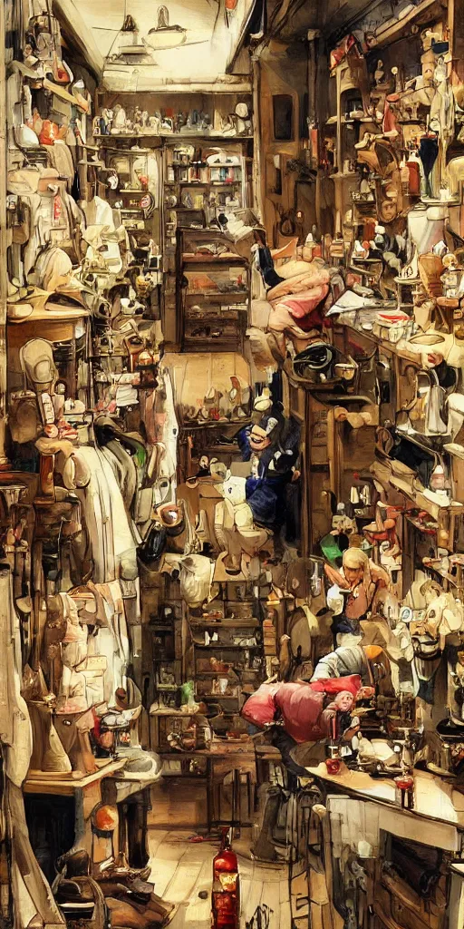 Image similar to oil painting scene from shoemaker's shop by kim jung gi