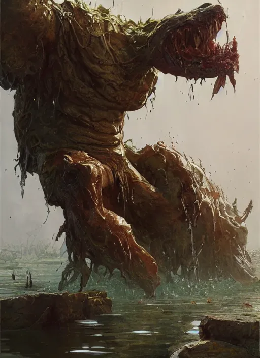 Image similar to huge towering brute swamp demon king emerging from lake on sunny day, splashing, by sergey kolesov and lawrence alma tadema and norman rockwell and greg staples and craig mullins and john berkey and ruan jia, artstation creature art, photoreal