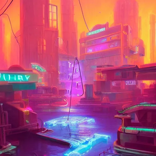 Prompt: water pouring neon signs, trending on artstation a surrealism painting by felix kelly depicting an abandoned city underwater in a nebula by tyler edlin and rhads, trending on deviantart cyberpunk city topography