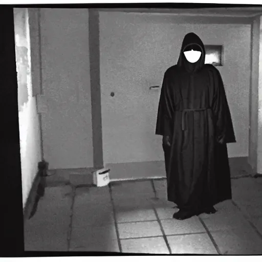 Image similar to cultist in robe with mask and gloves, ceremonial, cctv footage, horror lighting