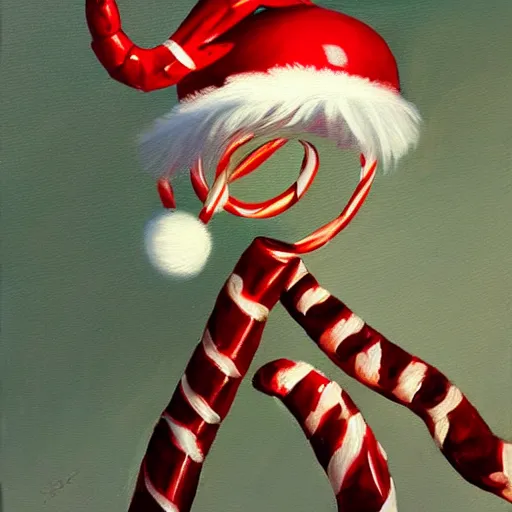 Prompt: hype realistic oil painting of an anthropomorphic shrimp holding a candy cane