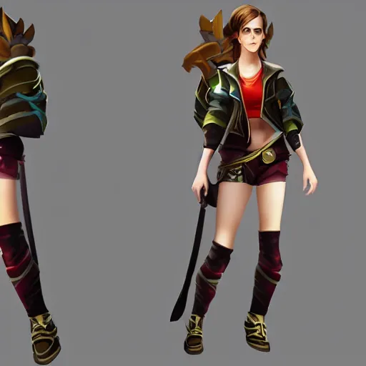 Prompt: Emma Watson in the style of the game League of Legends, with a background based on the game League of Legends, detailed face, old 3d graphics