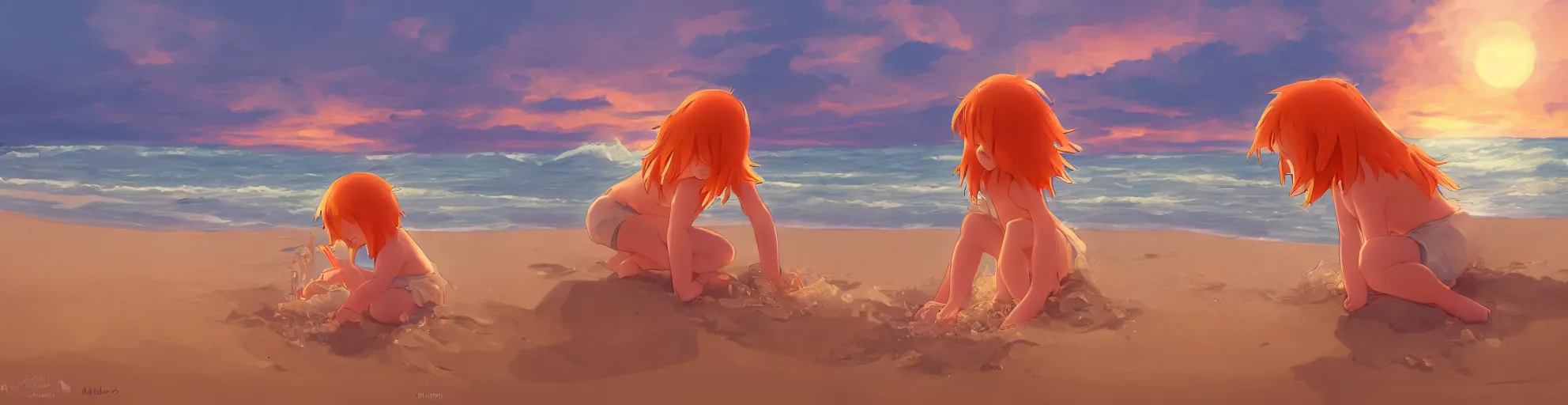 Prompt: beautiful, detailed digital painting of a orange-haired child making sandcastles on the beach and looking at the sunset, anime by Makoto Shinkai, sand, waves, trending on artstation