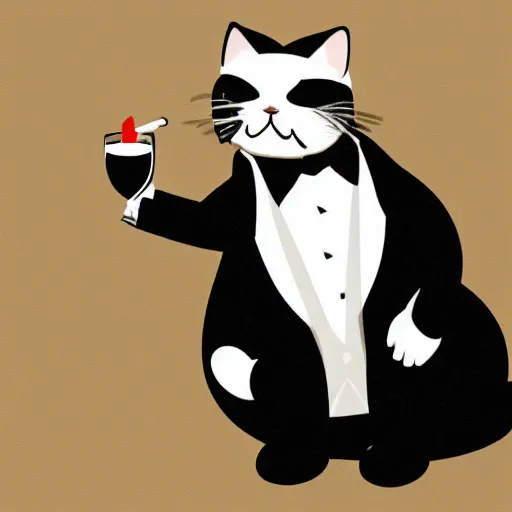 Image similar to a very fat and judgmental cat wearing a full tuxedo, smoking a pipe, sitting in a dimly lit parlor lounge, photograph