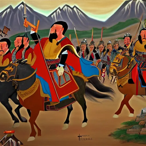 Image similar to genghis khan and his mongol horde ransacking disneyland, oil on canvas