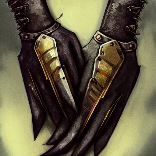 Image similar to metal claws on gloves, weaponized gauntlett, old gloves with attached talons, pointy fingertips, dark background, highly detailed, 8 k, trending on artstation, mystic, rpg artwork, by peter jackson, by sauron