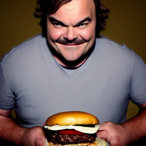 Prompt: Jack Black holding a hamburger, studio, split lighting, evil grin, intense