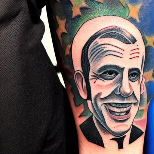 Prompt: tattoo of macron, caricature, silly
