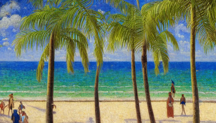 Image similar to a ultradetailed beautiful painting of the amazonas palace balustrade designed by jules bastien - lepage, tarsila do amaral, frank weston and gustave baumann, beach, trending on artstation, mediterranean, palm trees, sharp focus, colorful refracted sparkles and lines, soft light, 8 k 4 k