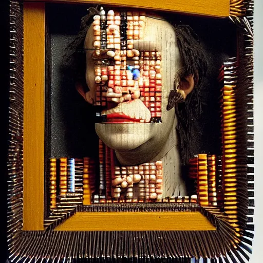 Image similar to portrait photo of a man with Iroquois made from video card parts, Perfect face, extremely high details, realistic, by Giuseppe Arcimboldo, Edward Hopper, Rene Margitte