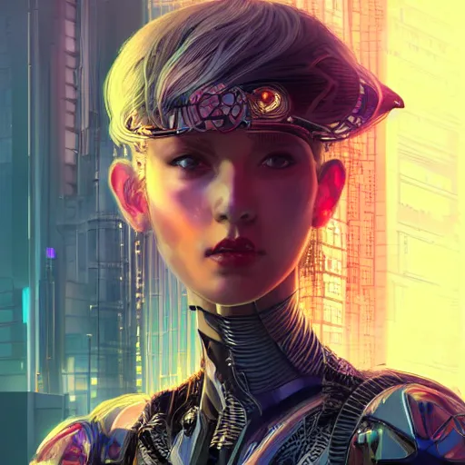 Image similar to portrait futuristic Cyber warrior Girl, in future cyberpunk tokyo rooftop , ssci-fi, fantasy, intricate, very very beautiful, elegant, neon light, highly detailed, digital painting, artstation, concept art, smooth, sharp focus, illustration, art by tian zi and WLOP and alphonse mucha