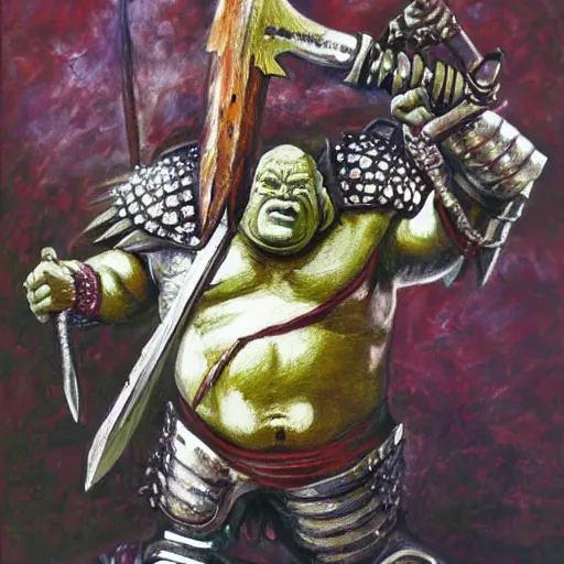 Image similar to ogre warrior wearing plated armor who is holding a battle axe in the style of warhammer fantasy : : head and torso oil painting