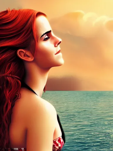 Image similar to highly detailed Red-haired beauty Emma Watson in a bikini , mid-shot ,pixiv , digital Art