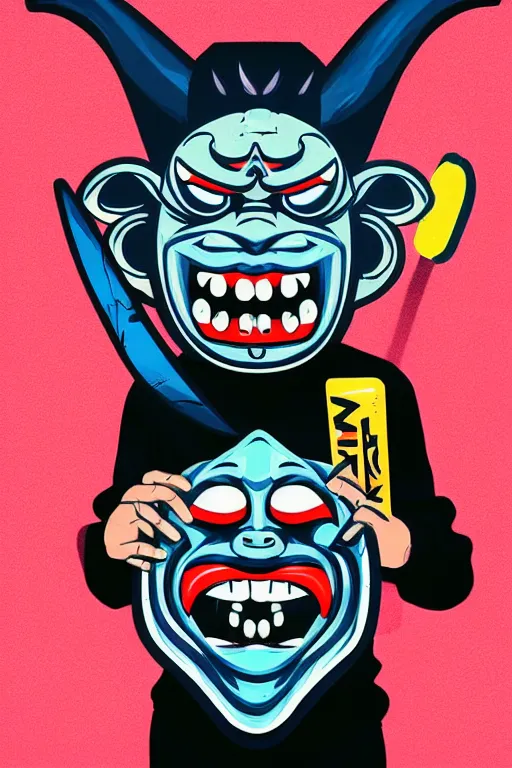 Image similar to guy wearing oni mask and bring skateboard. pop art, no duplicate image, glowing lights, ultra details, digital painting, artstation, concept art, smooth, sharp focus, illustration, intricate details, art by richard hamilton and mimmo rottela, pixels art by kirokaze and paul robertson