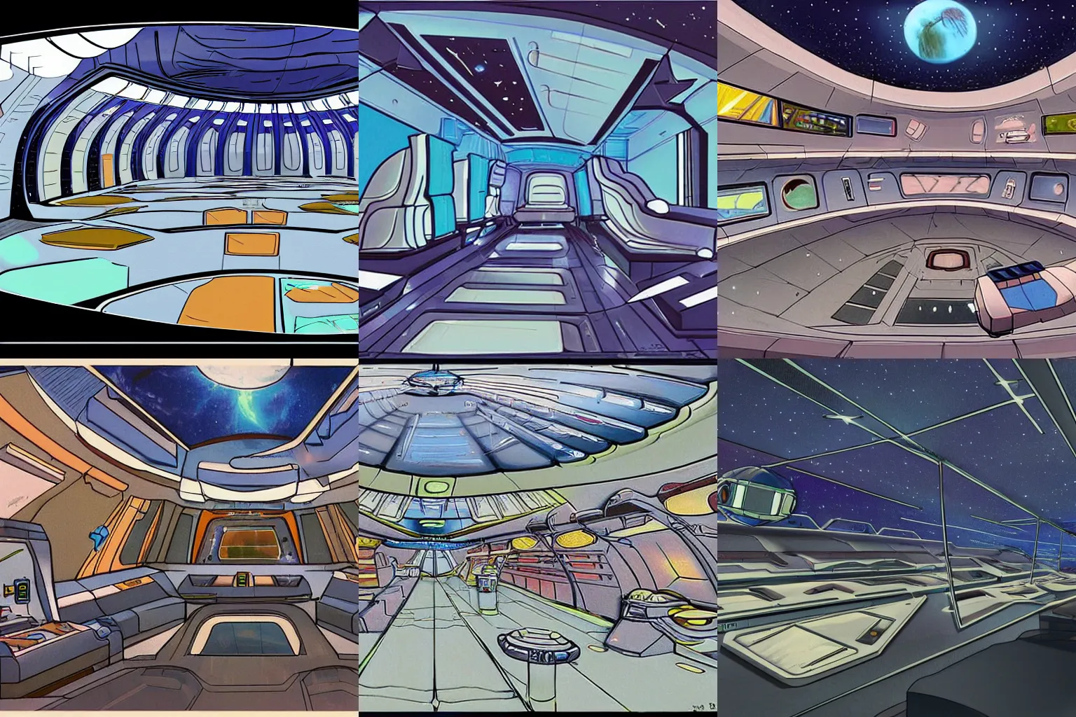 Prompt: Concept art of inside a large passenger spaceship, with a large open plaza, with stores on each side, from a space themed Serria point and click 2D graphic adventure game, made in 1999